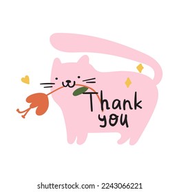 Pink cat with flower. Thank you. Hand drawn illustration on white background.