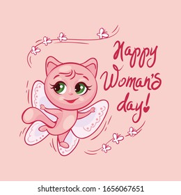 PINK CAT GETS FLIRED LIKE A BUTTERFLY. HAPPY WOMAN'S DAY CARD