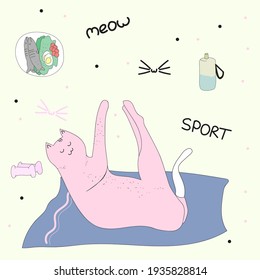 El gato rosado entra a los deportes, ejercicios abdominales, ABC. Plato, pescado, botella de agua, maullido, deportes. En un fondo amarillo.