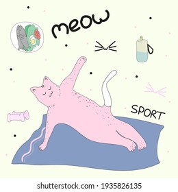 El gato rosado va a los deportes, a la tabla de ejercicios. Plato, pescado, botella de agua, maullido, deportes. En un fondo amarillo.