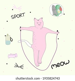 The pink cat goes in for sports, jumps on jump ropes. Dish, fish, water bottle, meow, sport. On a yellow background.