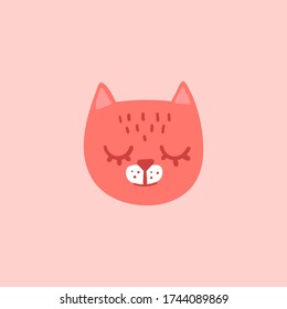 Pink cat head face oval icon with closed eyes. Cute cartoon funny character. Mustache. Pet baby print collection. Happy valentines day. Monochrome style Isolated. Vector