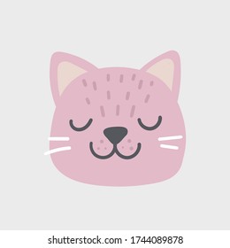 Pink cat head face oval icon with closed eyes. Cute cartoon funny character. Mustache. Pet baby print collection. Happy valentines day. Scandinavian style Isolated. Vector