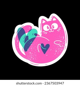 Pink cat with a heart lying on a black background. Cute sticker character. Vector illustration isolated in risograph style