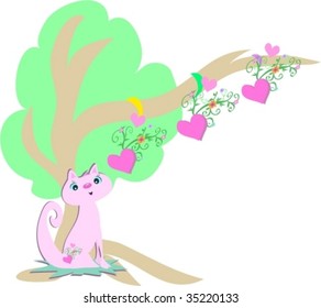Pink Cat and Hearts Tree Vector