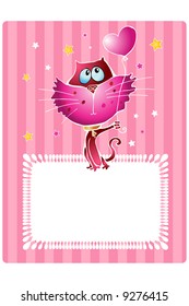 pink cat holding balloon