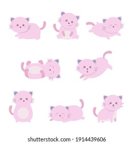 Pink Cat Kitten Various Poses Cartoon Character Set