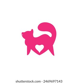 Pink cat logo with love symbol and illustration