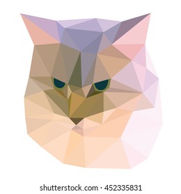 Pink cat low polygon head, purple face, green eyes and magenta fur isolated on white.