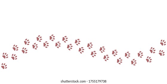 Camino de la pata de gato rosa aislado sobre fondo blanco. El camino vectorial curvo de las huellas del pie del gato. El gatito caminó a través de la nieve blanca