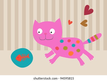 Pink Cat with plate with fish skeleton