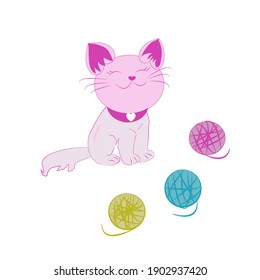 Pink cat playing with yarn on white background, for graphic,content , banner, sticker label and greeting card, Kids learning material.