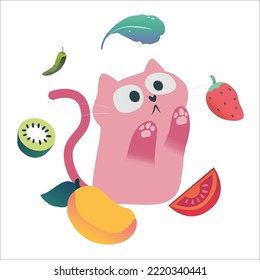 Pink Cat Ready For A Hugging. Open Hand Pink Paw And With Fruit Print. Kitty Reaching For A Hug. Funny Kawaii Animal. Baby Card. Cute Cartoon Character. Pet Collection.