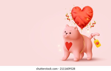 Pink Cat with red heart shaped balloon, gold glitter confetti realistic in 3d style. Romantic background for Valentines day, happy wedding, birthday. Banner space for text. vector illustration