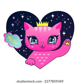 Pink Cat say meow print. Kitten illustration for t shirt design, notebooks. Princess cat poster. Kitty in heart on night sky background. Cute Animal cartoon character.