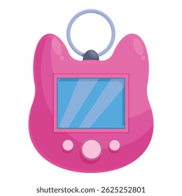 Pink cat shaped keychain with buttons and a screen displaying a solid color is hanging from a metal ring