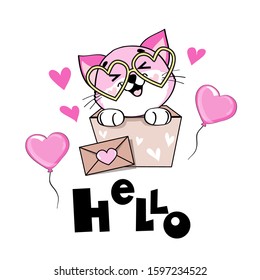 Pink cat sits in a box for gifts and the inscription hello on a white background. Valentine's day card