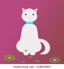 Pink cat sitting on a red isolated background with flowers.Vector illustration.