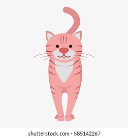 Pink cat standing. Cartoon character. Domestic animal. Flat vector stock illustration