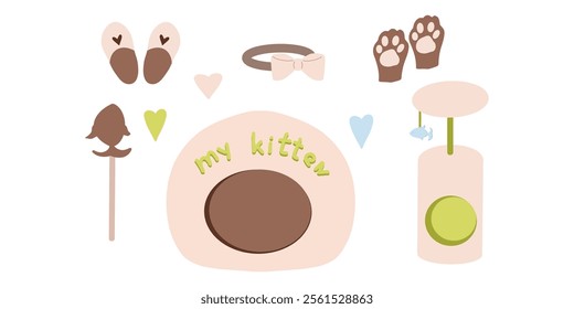 Pink Cat supplies clip art, pet accessories clipart, bed, paw, fish, slippers, scratching post. Pink vector illustrations