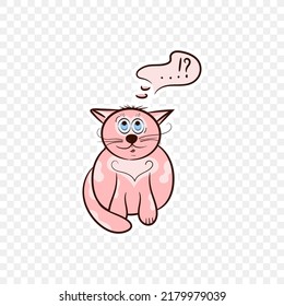 Pink cat thinks. Vector illustration in cartoon style. Sticker.