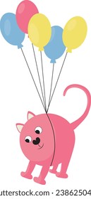 Pink cat tied to balloons and floating in the sky