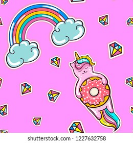 
Pink cat unicorn with a donut, pattern in vector.