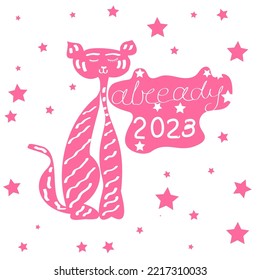 Pink cat.Already 2023.Vector positive illustration.