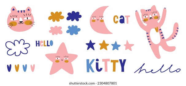 Farbige, handgezeichnete Vektorgrafiken mit scharfer Kätzchen, Sternen, Wolken, Mond und Herz. Handritten "Hello", "Cat" und "Kitty". Happy Kitty Print Set für DIY Card, Wall Art, Poster, Dekoration.