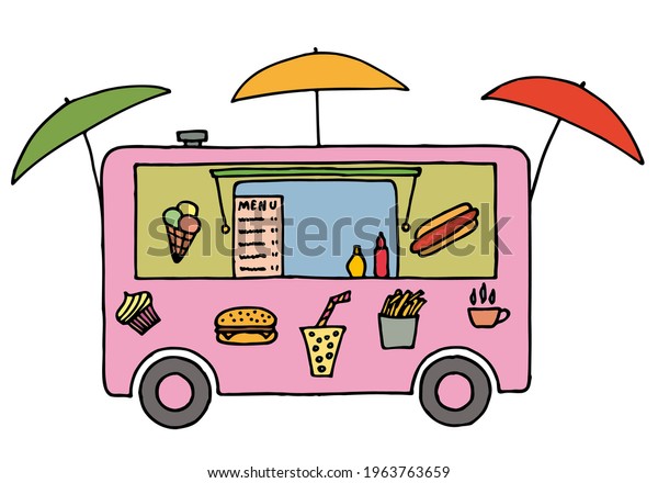 Pink catering van Food truck design. A small\
van, a diner on wheels. Hand\
Drawn.