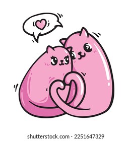 Pink cats are held by their tail. T-shirt print for Valentine's Day. February 14. Cat. Speech bubble with heart. Love. Vector line art pet illustration. Cute cartoon character. Greeting card for lover