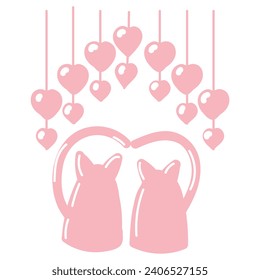 Pink cats in love under a garland of hearts. Valentines Day concept. Vector illustration on white background.