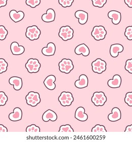 Pink cat's paws prints and hearts vector seamless pattern. Best for textile, home decor, wallpapers, wrapping paper, package and web design.