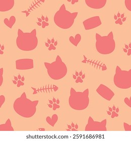 Pink Cats Silhouette Pattern - Messy Silhouettes of Cat Heads, Sardine Cans, Fish Skeletons, Hearts and Paws. Seamless Link.