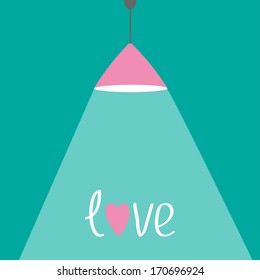 Pink ceiling light lamp with ray of light and hearts. Flat design. Love card. Vector illustration