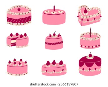 Pink Celebration Cake with Whimsical Designs. A collection of 9 hand-drawn pink cakes, featuring cherries, macarons, and whimsical accents, perfect for festive and dessert-themed visuals