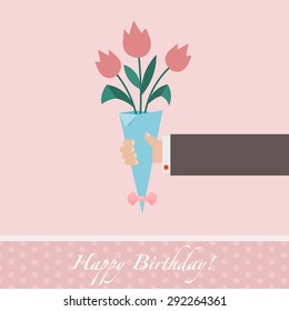 Pink celebratory background with a bouquet of tulips and man's hand. Design holiday cards, banners. Birthday. Vector illustration.