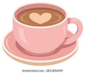 Pink ceramic coffee cup and saucer with heart latte art vector illustration, cozy hot beverage cafe graphic element