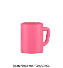 Pink ceramic cup 3d icon. Realistic cup for coffee and tea. Snack and break symbol. Classic design for morning cappuccino. Invigorating relaxation of hot mocha. Realistic isolated vector