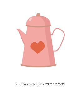 Pink ceramic kettle. Home decor, pot with hot drink, coffee, tea. Porcelain kitchen tableware. Vector flat design, doodle style.