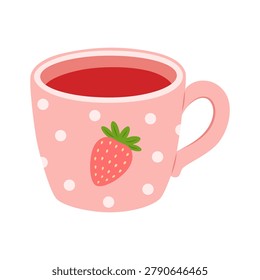 Pink ceramic mug with white polka dot pattern and strawberry print isolated on white background. Cute teacup filled with red hot beverage, tea or berry juice. Kitchen tableware element.