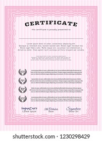 Pink Certificate of achievement. With background. Detailed. Money design. 