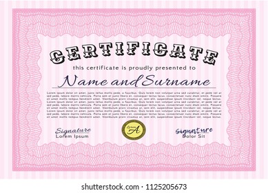 Pink Certificate of achievement. With complex background. Elegant design. Detailed. 