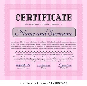 Pink Certificate of achievement. Complex background. Excellent design. Detailed. 