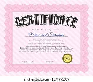 Pink Certificate of achievement. Complex background. Detailed. Money Pattern. 