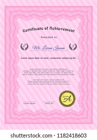 Pink Certificate of achievement. Complex background. Detailed. Beauty design. 