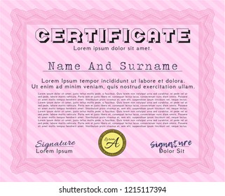 Pink Certificate of achievement. With complex background. Customizable, Easy to edit and change colors. Money Pattern. 