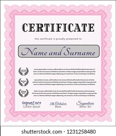 Pink Certificate of achievement. Complex background. Detailed. Money Pattern. 