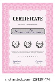 Pink Certificate of achievement. With complex background. Detailed. Lovely design. 
