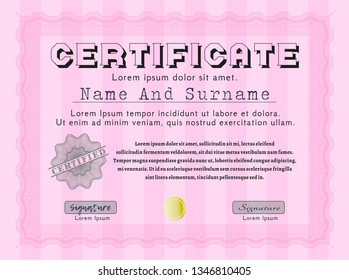 Pink Certificate of achievement. With complex background. Perfect design. Vector illustration. 